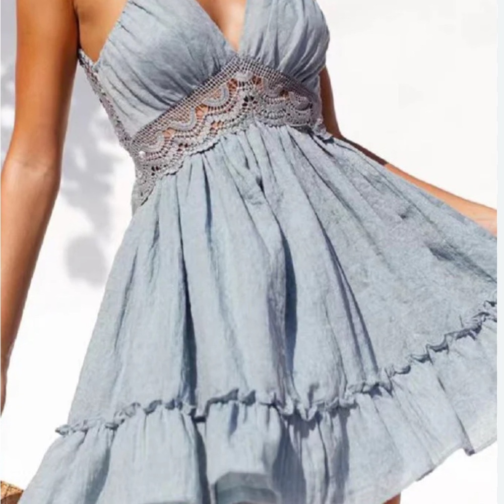 Elegant Blue Lace Trim Dress